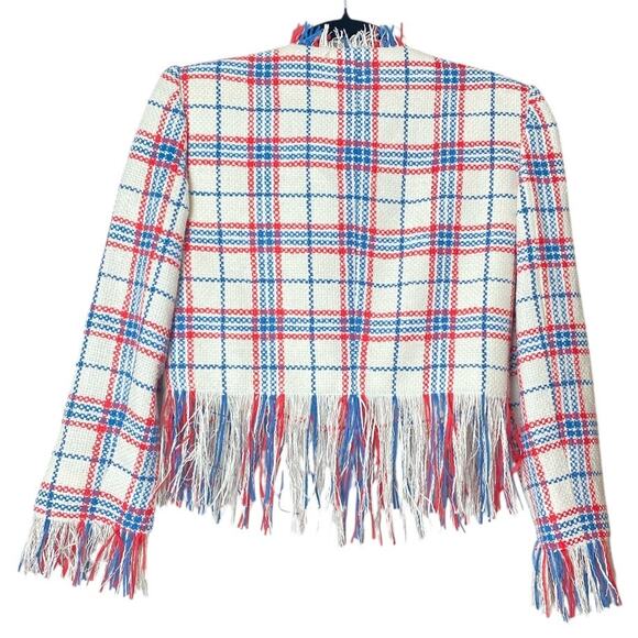 VERONICA BEARD BLAZER JACKET PLAID DOUBLE BREASTED FRINGE WHITE BLUE RED MARLTON - Picture 4 of 15